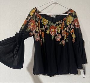 Ember XL Black Floral Off The Shoulder Bell Sleeve Blouse Top Chiffon Boho Chic